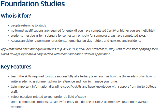 Excerpt from 'Study Foundation Studies at UniSA' webpage