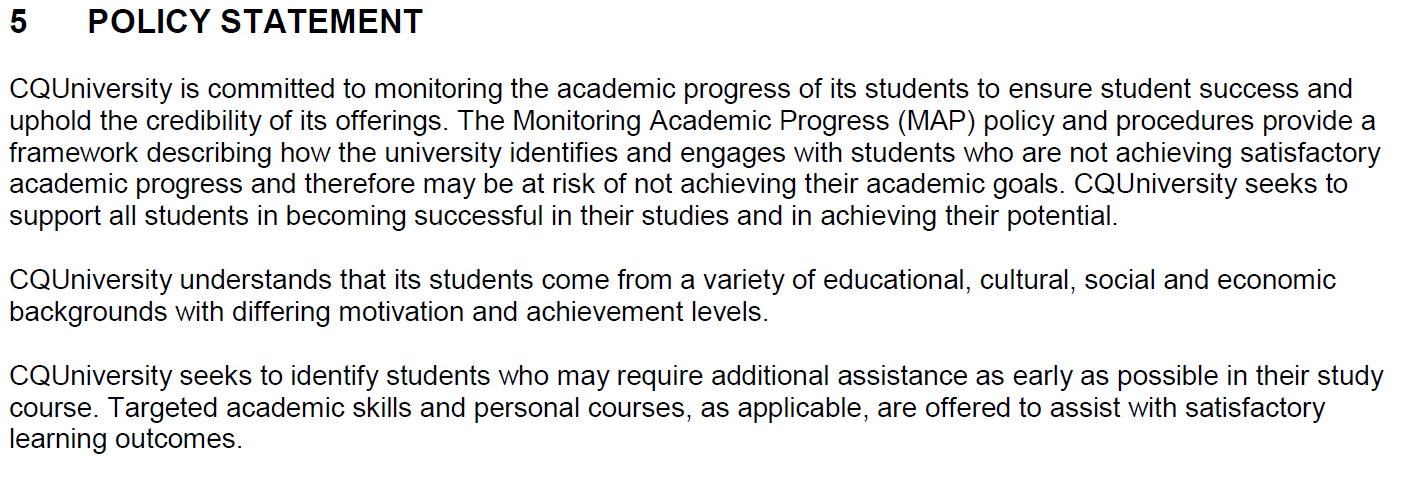 Excerpt from CQUniversity website – policy statement on supporting students who need additional assistance.