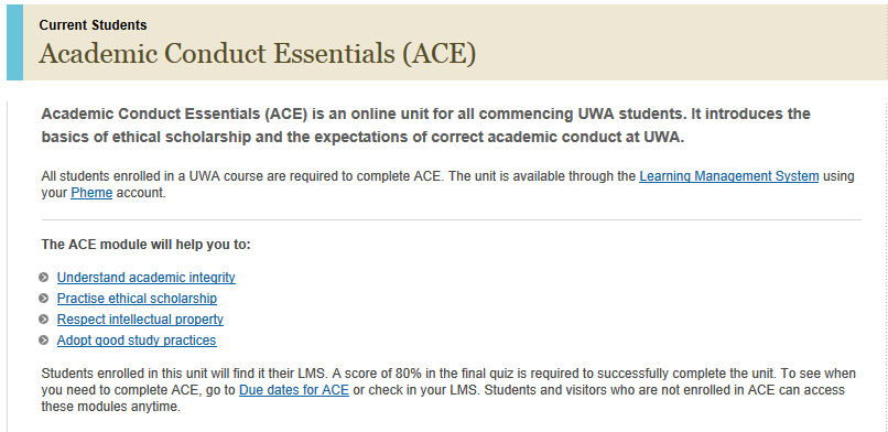  Excerpt from University of Western Australia website detailing Academic Conduct Essentials (ACE)