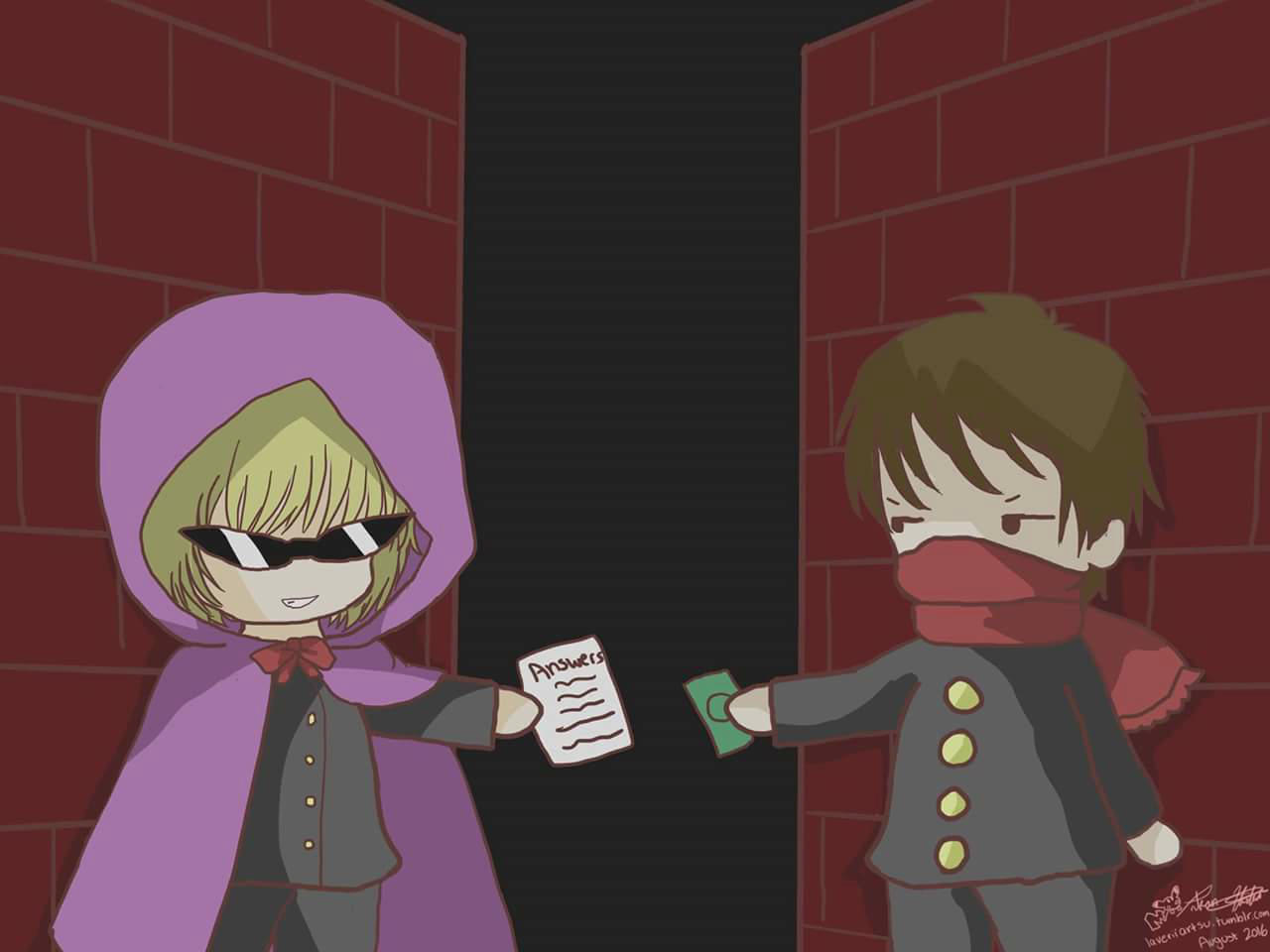  Image from International Day of Action Against Contract Cheating website , featuring cartoon of masked students exchanging  cash and an essay.