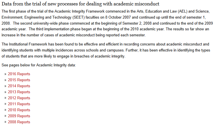 Excerpt from Griffith University website – Academic Integrity Data, detailing 'data from the trial of new processes for dealing with academic misconduct'.